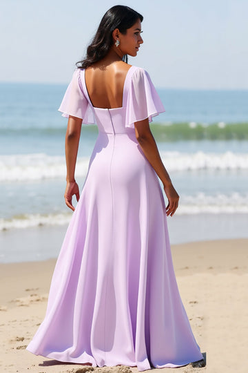 Robe de demoiselle d’honneur longue en mousseline de soie lilas